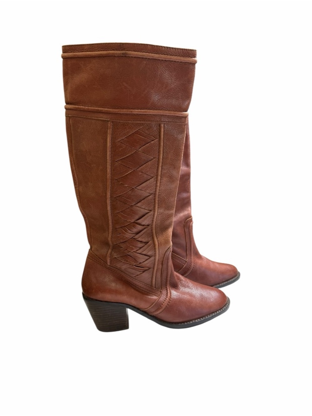Vtg Fossil Brown Leather Knee High Boots Woven Western Boho Block Heel Size 8 - Picture 5 of 11